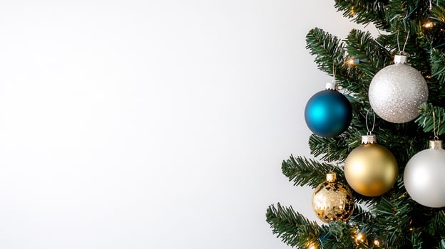Festive Christmas tree ornaments, white wall, holiday background, winter decor photo