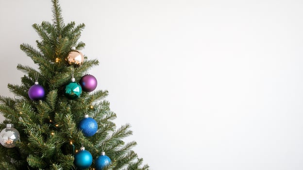 Decorated Christmas tree with colorful ornaments against a blank wall photo