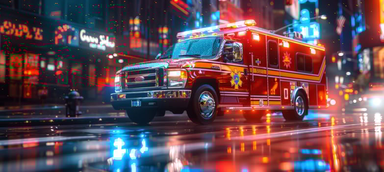 Emergency vehicle responding on city street at night photo