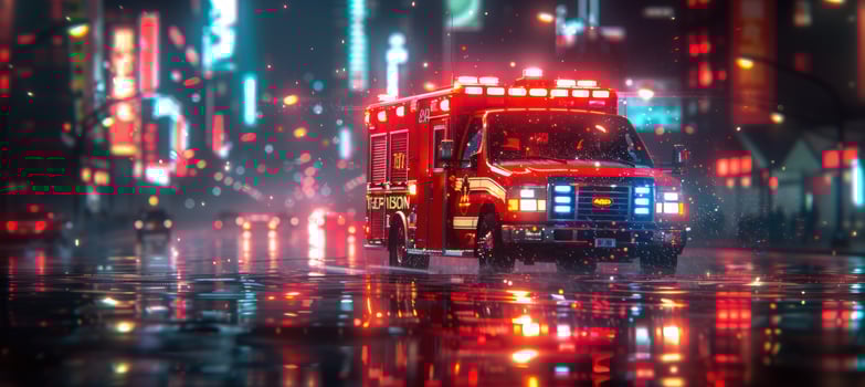 Emergency vehicle on city street at night reflective surface photo