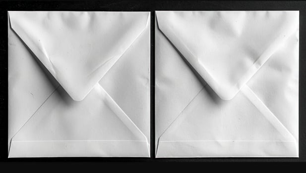 Two square white envelopes correspondence communication studio shot photo