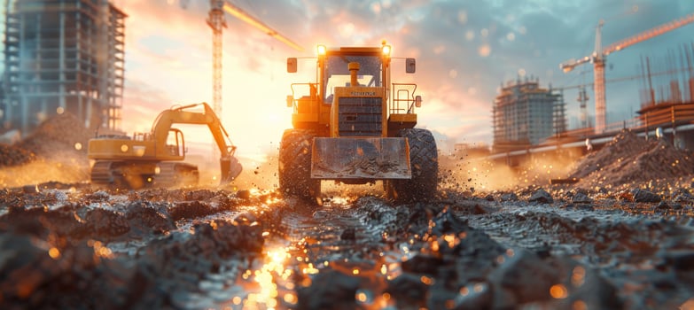 Construction site with excavator and bulldozer at sunset heavy equipment building industry photo