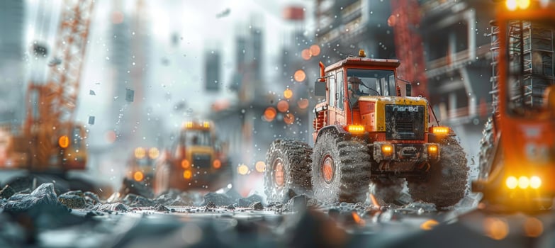 Heavy machinery construction site with tractor and building in progress photo