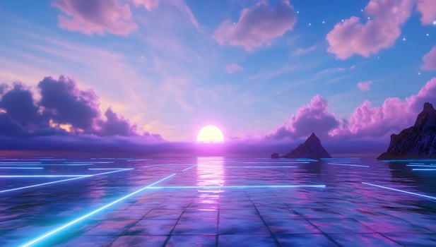 Sunset over ocean, neon grid, clouds, mountains, fantasy background photo