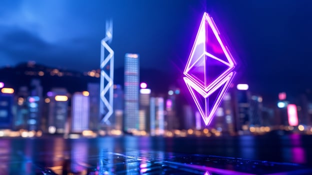 Neon Ethereum logo illuminated over a vibrant city skyline at night photo