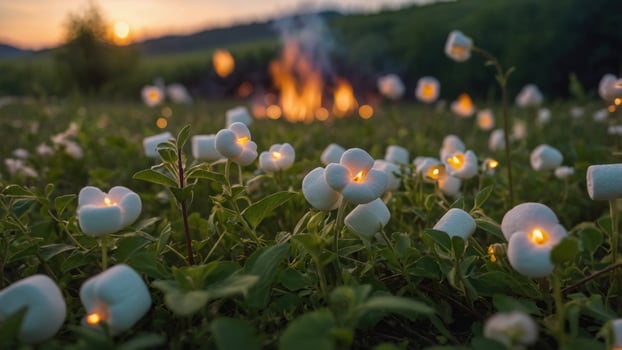 A serene evening scene with glowing marshmallows among flowers, near a campfire in a lush landscape photo