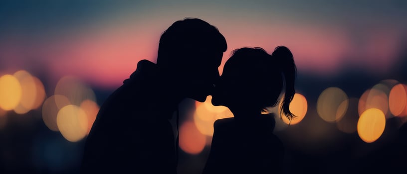 The couple sharing a romantic kiss against a beautiful sunset backdrop. photo
