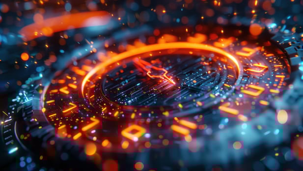 Abstract futuristic technology circuit clock design with orange and blue light photo