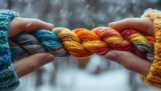 Braided yarn held in hands with knitted sleeves on snowy winter day photo