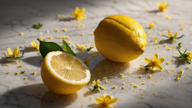 Fresh lemons sliced on a marble surface surrounded by delicate yellow flowers and scattered petals photo