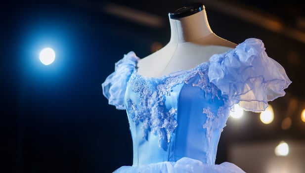 Blue gown on mannequin, backstage, spotlights photo