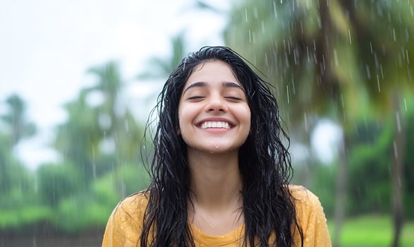Woman enjoys rain, tropical park, happy, joyful, outdoor photo