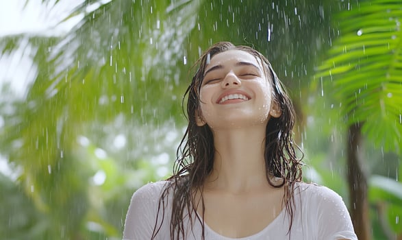 Woman enjoys tropical rain, palm trees background, joyful expression, refreshing shower photo