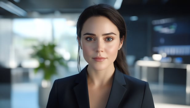 Professional woman in a modern office setting, focused and poised photo