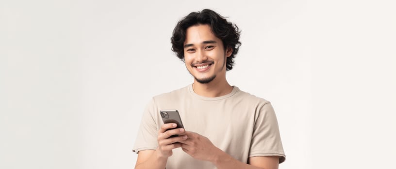 The smiling young man using a smartphone in a casual studio setting. photo