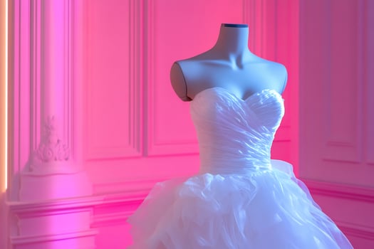 Elegant wedding dress displayed in a stylish boutique with pink lighting photo