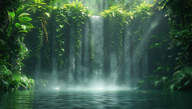 Serene waterfall in lush green forest natural environment scenery photo
