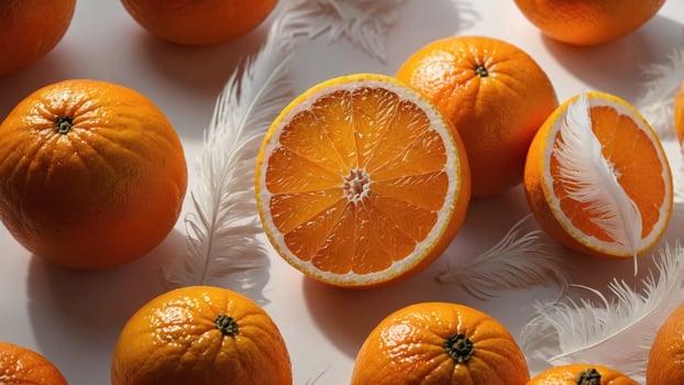 Freshly sliced orange surrounded by whole oranges and delicate feathers on a light surface photo