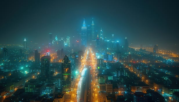 Night cityscape skyline with illuminated buildings urban architecture photo