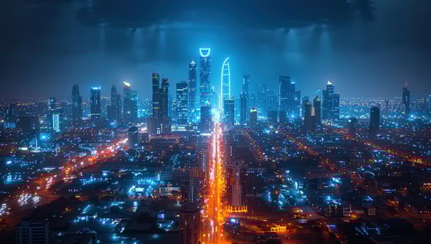 Nighttime aerial view of modern city skyline with illuminated buildings photo