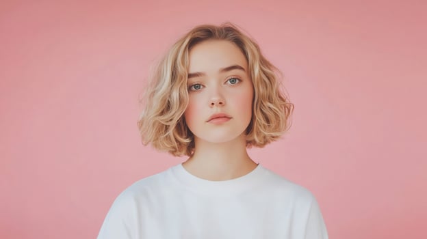 Portrait of a young woman with curly hair against a pink background photo