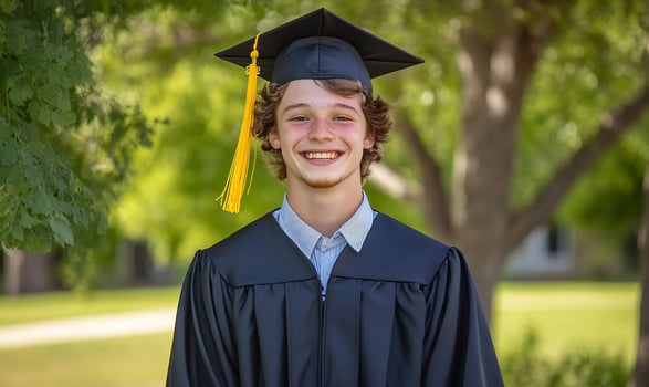 Young male graduate in cap and gown smiling outdoors with trees photo