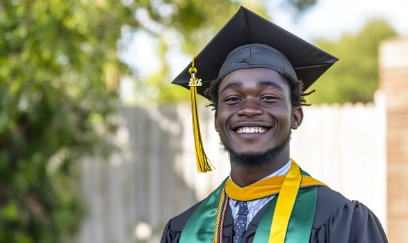 Young man in graduation cap and gown smiling outdoors with greenery photo