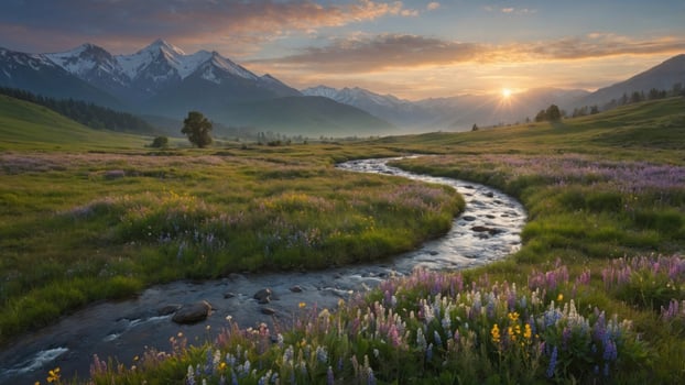 Serene landscape with a winding river surrounded by vibrant wildflowers and majestic mountains at sunset photo