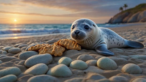 A playful seal lounging on a sandy beach with cookie-shaped rocks at sunset, waves gently crashing photo