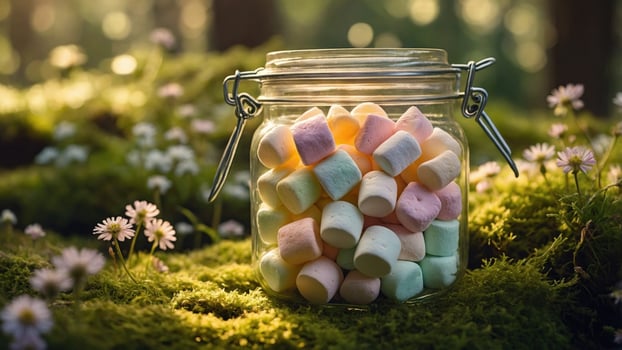 Colorful marshmallows in a glass jar resting on vibrant green moss surrounded by wildflowers in a serene forest photo