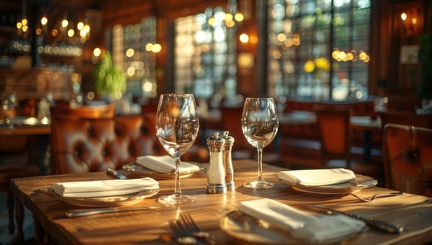 Elegant restaurant table setting with wine glasses for fine dining experience photo