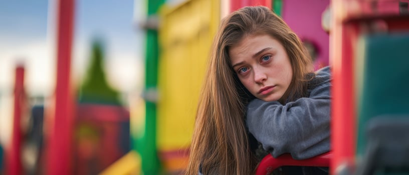 The thoughtful girl reflecting on life at a colorful playground. photo