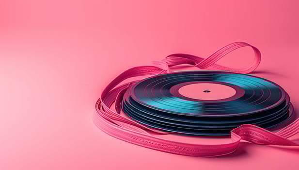 Vinyl record stack with pink ribbon background music art photo