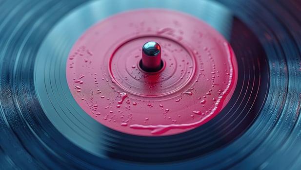 Vinyl record with red label and water droplets close up glossy black music background photo
