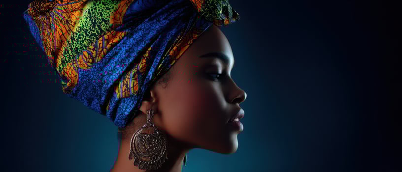 The stunning profile of a woman wearing a colorful headwrap and earrings photo