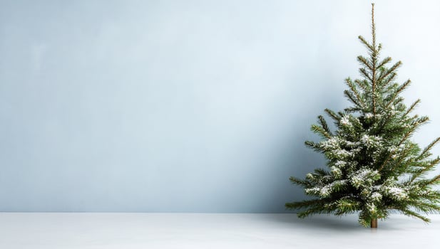 Snowcovered Christmas tree in a minimalist room with soft blue walls photo
