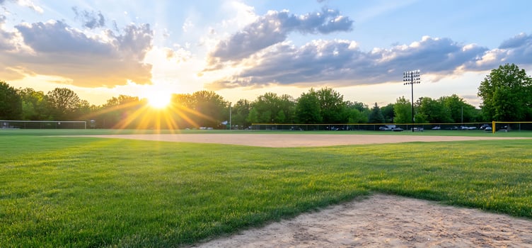 Sunset over a baseball field with lush green grass and trees in background photo