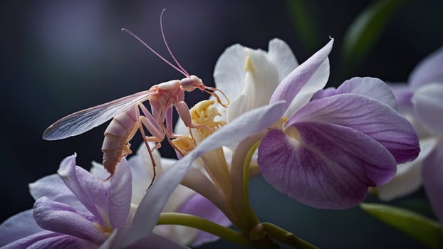 Close-up of a delicate insect pollinating a vibrant orchid flower in a serene natural setting photo