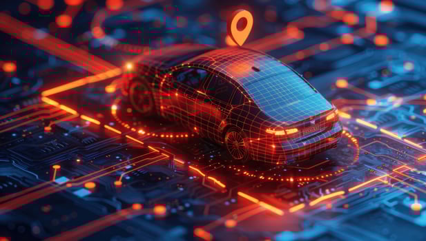 Digital car technology wireframe with location pin point photo