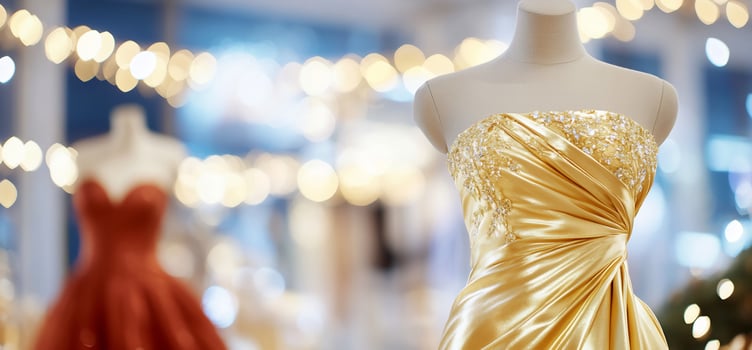 Elegant golden dress on display in a boutique with festive lights photo