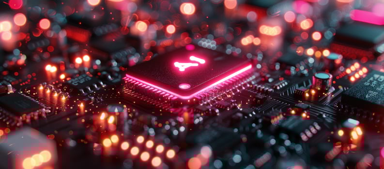 Artificial intelligence circuit board microchip close up red and orange light technology photo