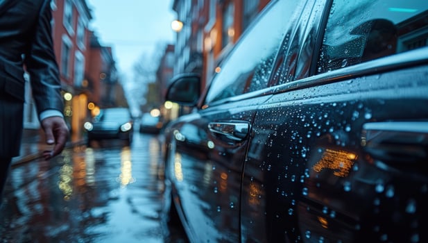 Wet street scene with luxury car and commuter on rainy day photo