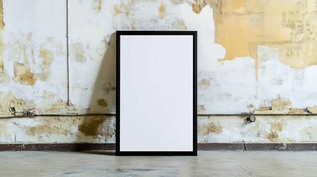 Blank framed poster on a textured wall in an empty room photo