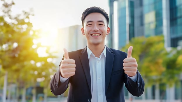 Young man in business attire giving thumbs up outdoors near modern buildings photo