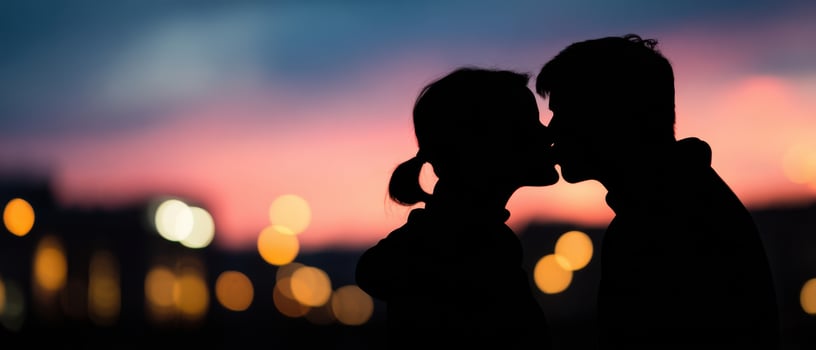 The intimate kiss of a couple against a stunning sunset backdrop photo