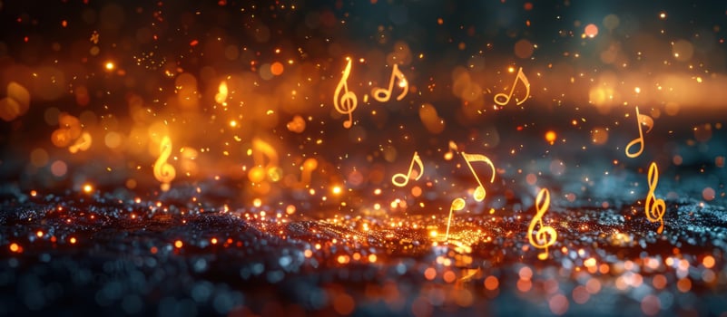 Abstract music notes with glitter on dark teal background photo
