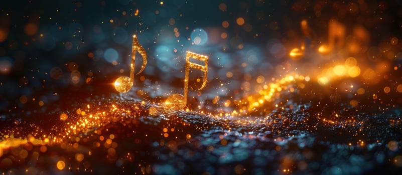 Golden music notes on textured background with bokeh and glowing particles abstract design photo