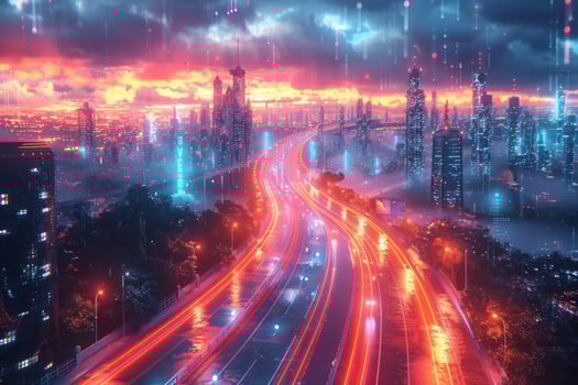 Futuristic cityscape at dusk with light streaks on highway photo