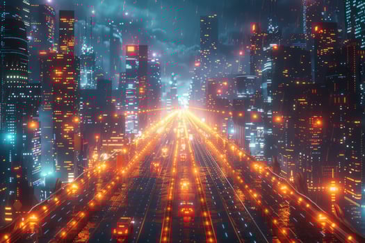 Futuristic cityscape at night with glowing lights and traffic photo