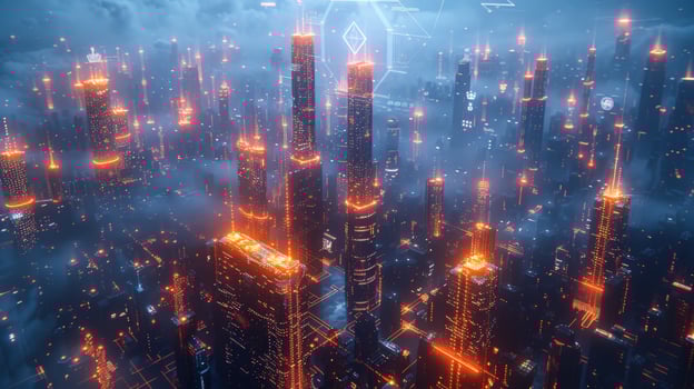 Futuristic cityscape at twilight with illuminated skyscrapers and geometric patterns photo